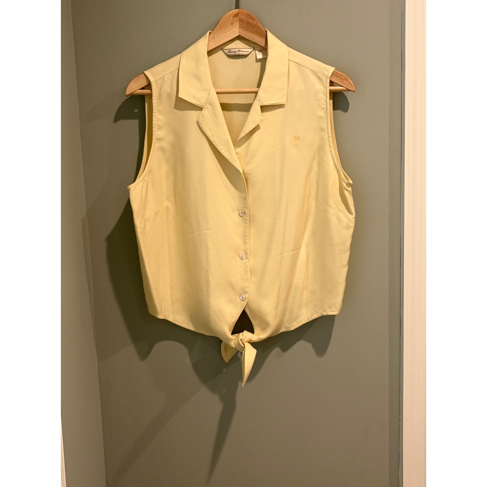 Tommy Bahama Womens 14 Yellow 100% Silk Sleeveless Tie Front Palm Tree Shirt